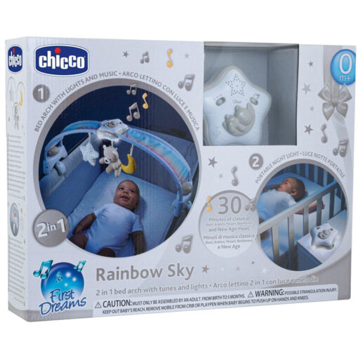 Chicco First Dreams Rainbow 2 in 1 Bed Arch With Tunes And Lights Sky Grey