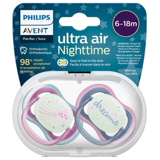 Avent 6-18m Pacifiers Ultra Air Nighttime Glow In The Dark Purple