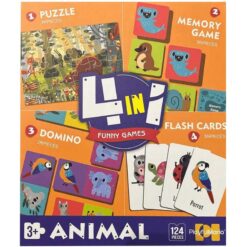 4 in 1 Funny Board Games Animal Puzzle, Domino, Flash Cards & Memory Game