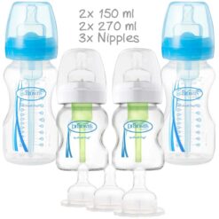 Dr Brown's Newborn Wide Neck Bundle Set: 2x 150ml + 2x 270ml Bottles + 3x Nipples Blue