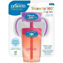 Dr Brown's 9m+ Cheers 300ml Straw To 360 Spoutless Transition Cup Set Pink
